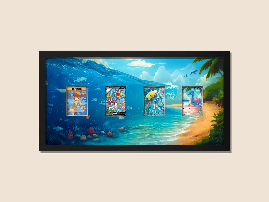 Misty’s Water Pokemon Display Frame – Starmie V, Psyduck, Lapras & Misty Trainer | 11x22 Frame for Raw or Graded Cards